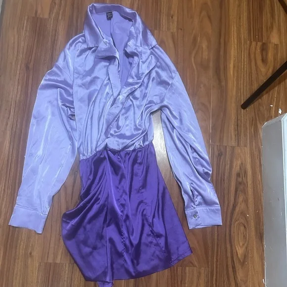 Stylish Purple lavender color block Satin-feel long sleeve Dress - Picture 6 of 7